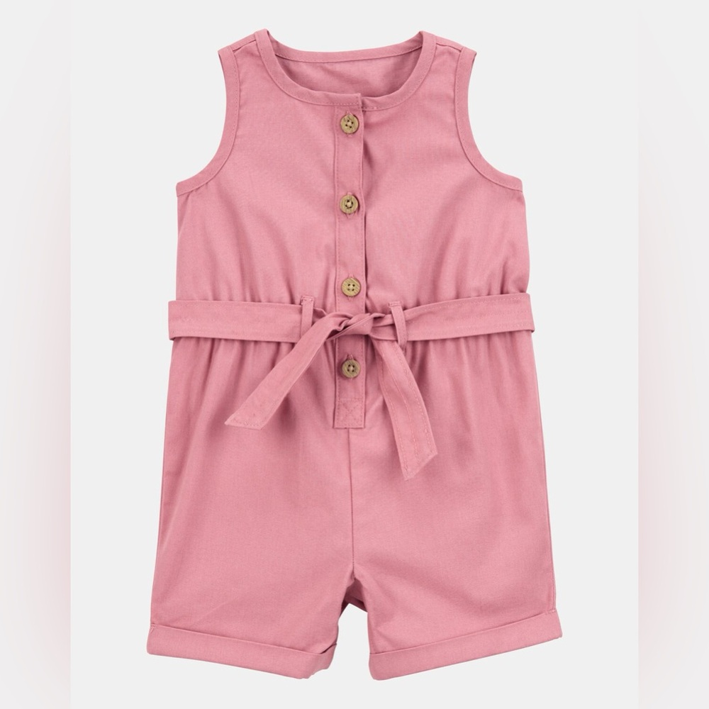 NWT CARTER’S Baby Girls Pink Button Up Belt Sleeveless Canvas Romper Size 24M